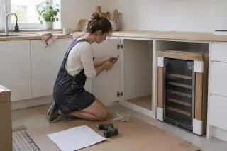 Dans une cuisine blanche aux façades plates, une femme visse une porte de meuble à côté de la niche prévue pour la cave à vin, clé Allen