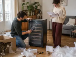 Un jeune couple déballe une cave à vin dans son salon, papier bulle et polystyrène au sol, elle tient la notice