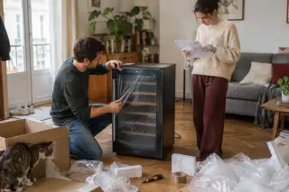 Un jeune couple déballe une cave à vin dans son salon, papier bulle et polystyrène au sol, elle tient la notice