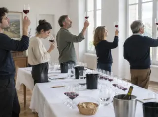 Dans une salle de dégustation claire, un groupe d'amis debout lève ses verres à la lumière, crachoirs sur la table