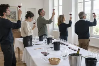 Dans une salle de dégustation claire, un groupe d'amis debout lève ses verres à la lumière, crachoirs sur la table