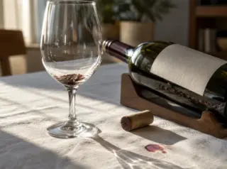Gros plan en lumière rasante sur le dépôt noir au fond d'un verre vide, une bouteille inclinée à côté