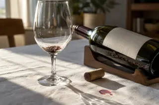 Gros plan en lumière rasante sur le dépôt noir au fond d'un verre vide, une bouteille inclinée à côté