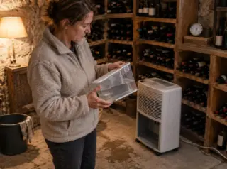 Une femme tient à la main le bac plein d'un déshumidificateur portable posé au sol d'une cave ancienne, casiers derrière