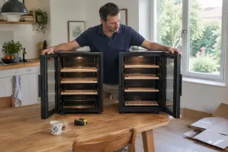 Un homme tient ouvertes les portes de deux mini caves à vin posées côte à côte sur une table de cuisine, à midi