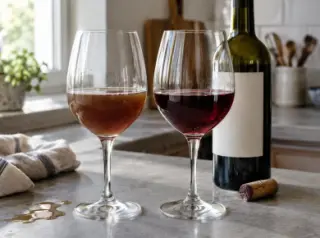 Nature morte : deux verres côte à côte, un vin brun et oxydé et un vin jeune, la bouteille ouverte derrière