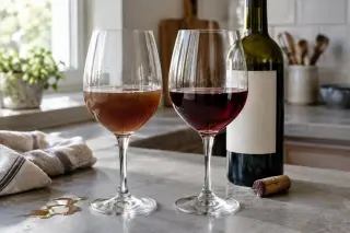 Nature morte : deux verres côte à côte, un vin brun et oxydé et un vin jeune, la bouteille ouverte derrière