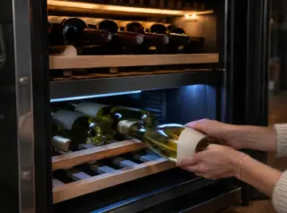 Deux mains posent une bouteille de blanc dans la zone basse d'une cave à vin à deux températures