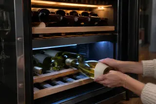 Deux mains posent une bouteille de blanc dans la zone basse d'une cave à vin à deux températures