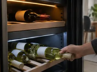 Vue de trois quarts de l'intérieur d'une cave à vin à deux zones, une main pose un blanc en bas et un rouge en haut