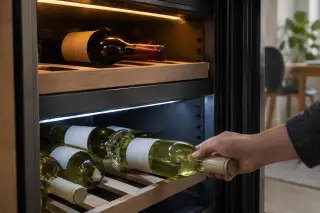 Vue de trois quarts de l'intérieur d'une cave à vin à deux zones, une main pose un blanc en bas et un rouge en haut