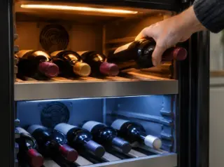 Gros plan sur une main qui pose une bouteille dans la zone haute d'une cave à vin à deux compartiments, LED de deux teintes