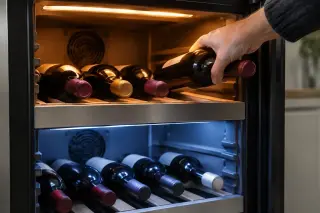 Gros plan sur une main qui pose une bouteille dans la zone haute d'une cave à vin à deux compartiments, LED de deux teintes