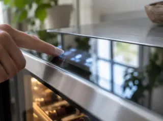 Gros plan sur une main qui touche l'écran tactile flou d'une cave à vin connectée, reflet de la pièce