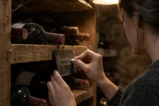Gros plan sur une femme qui écrit à la craie sur la petite ardoise d'un casier à bouteilles dans une cave ancienne