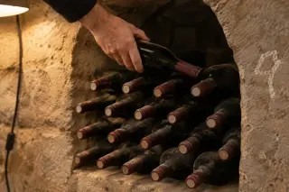Gros plan sur des bouteilles empilées en quinconce dans une alvéole de pierre, une main en pose une de plus