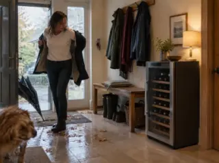 Une femme retire son manteau trempé dans l'entrée d'une maison où une cave à vin est posée près du porte-manteaux, pluie d'automne