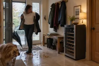 Une femme retire son manteau trempé dans l'entrée d'une maison où une cave à vin est posée près du porte-manteaux, pluie d'automne