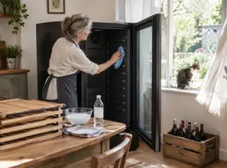 Une femme essuie l'intérieur vide d'une cave à vin au chiffon microfibre, clayettes en bois posées sur la table