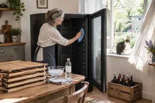 Une femme essuie l'intérieur vide d'une cave à vin au chiffon microfibre, clayettes en bois posées sur la table