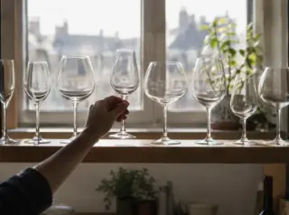 Une main prend un verre sur une étagère où sont alignés des verres à vin de formes différentes, à contre-jour