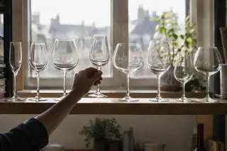 Une main prend un verre sur une étagère où sont alignés des verres à vin de formes différentes, à contre-jour