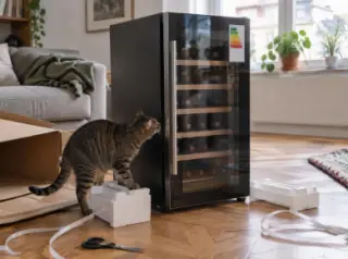 Un chat renifle une cave à vin fraîchement déballée dans un salon, l'étiquette énergie encore collée sur la porte