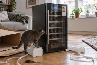 Un chat renifle une cave à vin fraîchement déballée dans un salon, l'étiquette énergie encore collée sur la porte