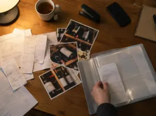Vue de dessus de factures, de tickets et de photos imprimées de bouteilles qu'une main classe dans une pochette