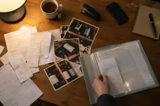 Vue de dessus de factures, de tickets et de photos imprimées de bouteilles qu'une main classe dans une pochette