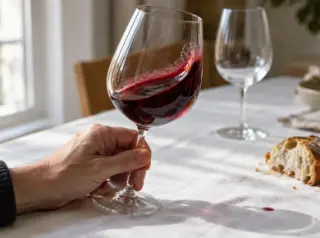 Gros plan sur une main qui fait tourner un verre de vin rouge sur une nappe blanche, la robe tapisse la paroi