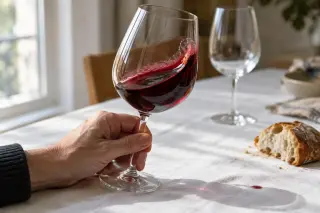 Gros plan sur une main qui fait tourner un verre de vin rouge sur une nappe blanche, la robe tapisse la paroi