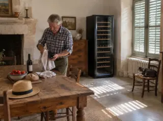 Dans la salle d'une ferme, un homme âgé essuie une bouteille devant une grande cave à vin, table de bois massif, midi d'été