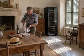 Dans la salle d'une ferme, un homme âgé essuie une bouteille devant une grande cave à vin, table de bois massif, midi d'été