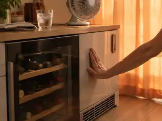Une main posée sur le flanc tiède d'une cave à vin encastrée, la grille d'aération et un petit ventilateur de table
