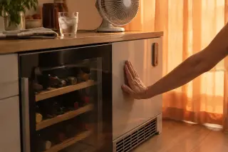 Une main posée sur le flanc tiède d'une cave à vin encastrée, la grille d'aération et un petit ventilateur de table