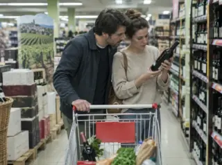 Un jeune couple lit une contre-étiquette dans l'allée d'une foire aux vins de supermarché, chariot devant eux
