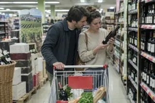 Un jeune couple lit une contre-étiquette dans l'allée d'une foire aux vins de supermarché, chariot devant eux