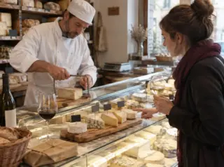 Dans une fromagerie, le fromager coupe une part sur un plateau de fromages devant une cliente, deux verres de vin posés