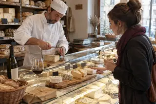 Dans une fromagerie, le fromager coupe une part sur un plateau de fromages devant une cliente, deux verres de vin posés