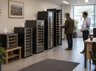 Dans un magasin spécialisé, un vendeur regarde un homme ouvrir la plus grande cave d'une rangée de caves de la même gamme, du petit au grand