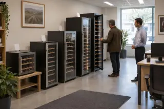 Dans un magasin spécialisé, un vendeur regarde un homme ouvrir la plus grande cave d'une rangée de caves de la même gamme, du petit au grand