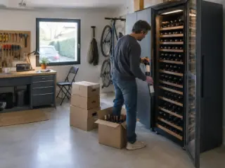 Dans un garage transformé en pièce, un homme remplit une très grande cave à vin, établi propre derrière lui
