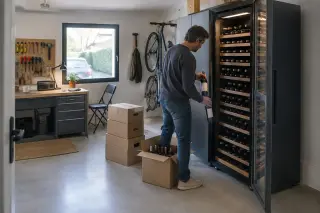Dans un garage transformé en pièce, un homme remplit une très grande cave à vin, établi propre derrière lui