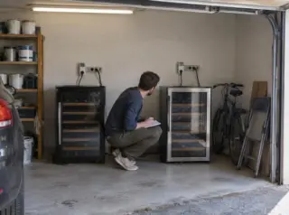 Dans un garage, un homme compare deux caves à vin côte à côte branchées chacune sur un wattmètre