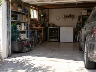 Une cave à vin dans un coin de garage encombré, thermomètre mural à aiguille, une voiture, la porte ouverte sur l'été