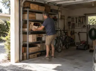 Un homme range des cartons de vin sur des étagères métalliques dans un garage, vélo et outils, porte ouverte sur l'été