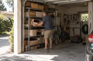 Un homme range des cartons de vin sur des étagères métalliques dans un garage, vélo et outils, porte ouverte sur l'été