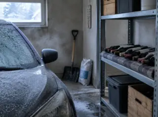 Un garage en hiver, pare-brise de la voiture gelé, des bouteilles de vin sur une étagère métallique, buée