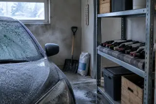 Un garage en hiver, pare-brise de la voiture gelé, des bouteilles de vin sur une étagère métallique, buée
